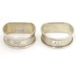 Two silver napkin rings of D form, one hallmarked Birmingham 1967, maker B & Co., the other