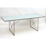 Vintage retro, Midcentury : a vintage industrial glass top and steel enclosed x frame dining
