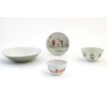 Four assorted Oriental wares comprising, a tea bowl with figural decoration, a tea bowl depicting