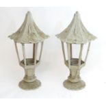 Garden & Architectural, Salvage: a pair of 20thC cast metal exterior lanterns, with grey painted