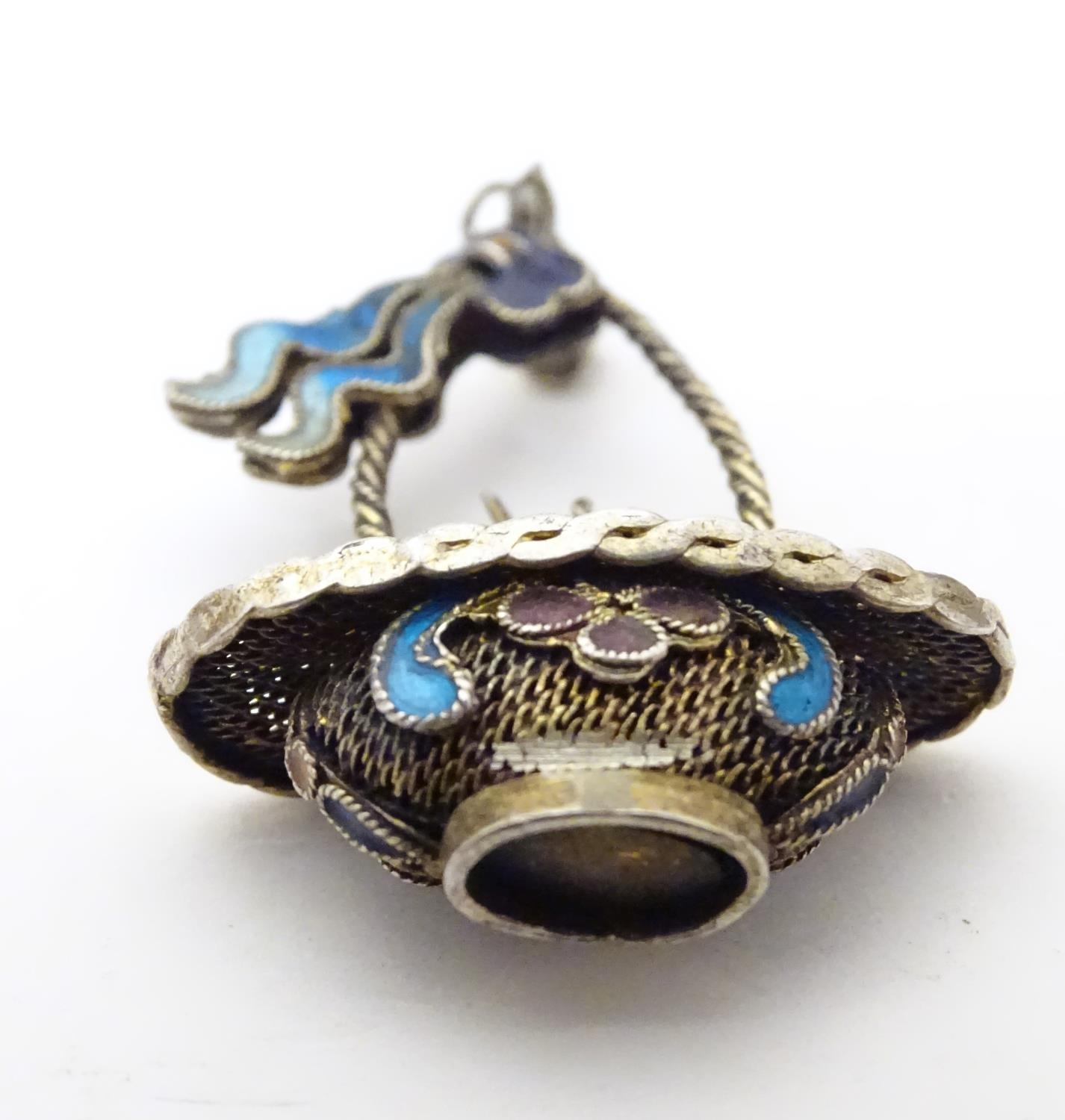 A white metal pendant of basket form with filigree style detail and enamel decoration. Approx. 1 1/ - Image 5 of 6