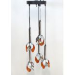 Vintage retro, Midcentury : Raak , Amsterdam , a pendant lamp with five hanging lights in black, red