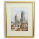 Albert H. Findley (1880-1975), Watercolour, A view of Rouen Cathedral with figures and buildings.