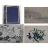An album containing 20 assorted watercolours and engravings, to include countryside landscape