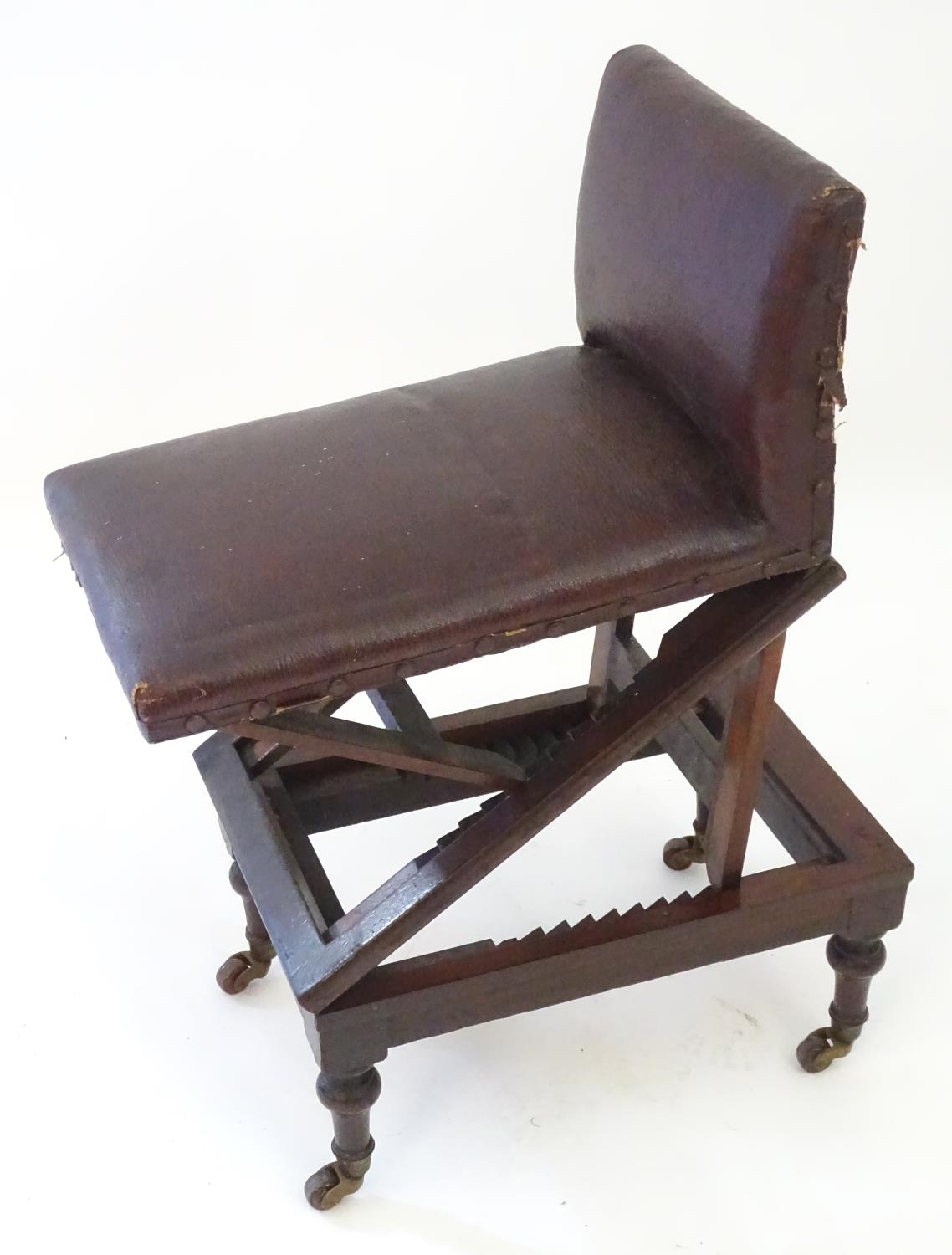 A late 19thC mahogany adjustable gout stool with leather upholstery and studded detailing, - Image 3 of 12