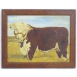 C. L. Barrington, 20th century, Oil on canvas laid on board, A naive portrait of a prize bull in a