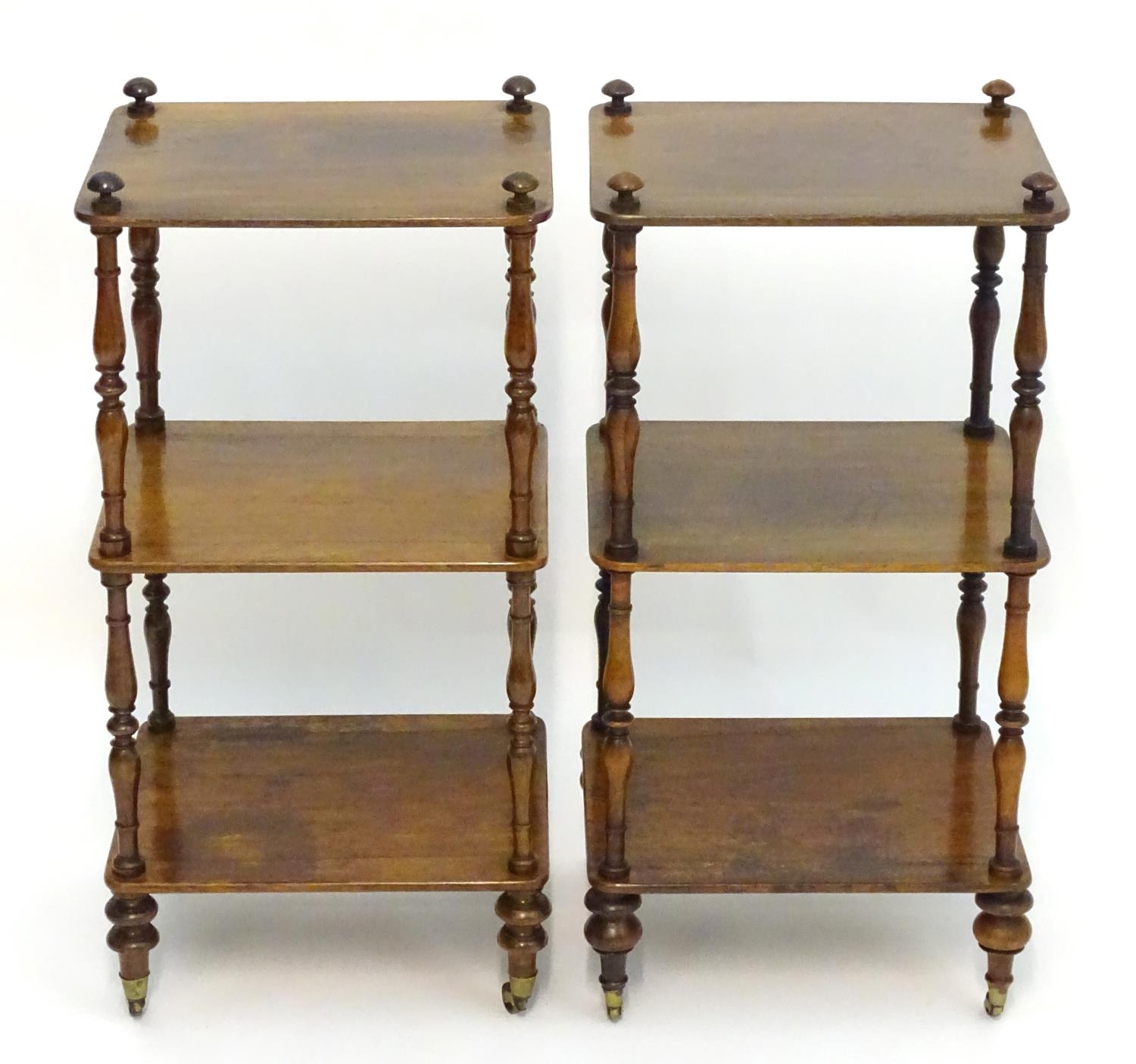 A pair of regency rosewood whatnots with turned finials to the tops and three tiers united by turned - Image 2 of 15
