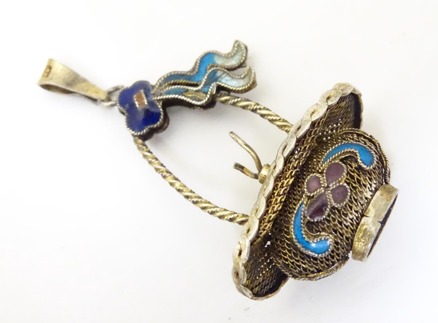 A white metal pendant of basket form with filigree style detail and enamel decoration. Approx. 1 1/ - Image 3 of 6