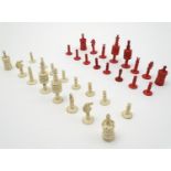 Toys: A set of 19thC carved and turned bone chess pieces, the largest 4" tall Please Note - we do