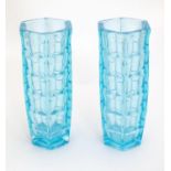 A pair of mid-century retro Polish glass vases the aqua turquoise vases with cubist style