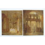 19th century, Continental School, Watercolours, A pair, Interiors of churches with praying