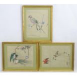 Oriental School, 20th century, Three hand coloured prints, Two exotic birds in flight, a parrot