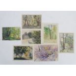 A quantity of watercolour landscape scenes, to include woodlands, trees / bushes with birds, some