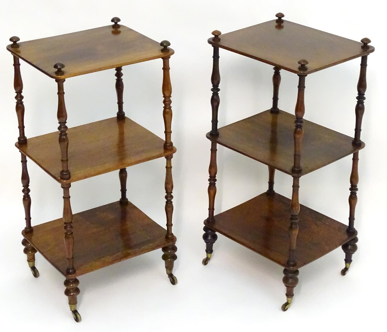 A pair of regency rosewood whatnots with turned finials to the tops and three tiers united by turned - Image 12 of 15