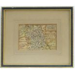 Map: An 18thC hand coloured engraved map of Shrewsbury, titled Salopia after Pieter van den Keere (