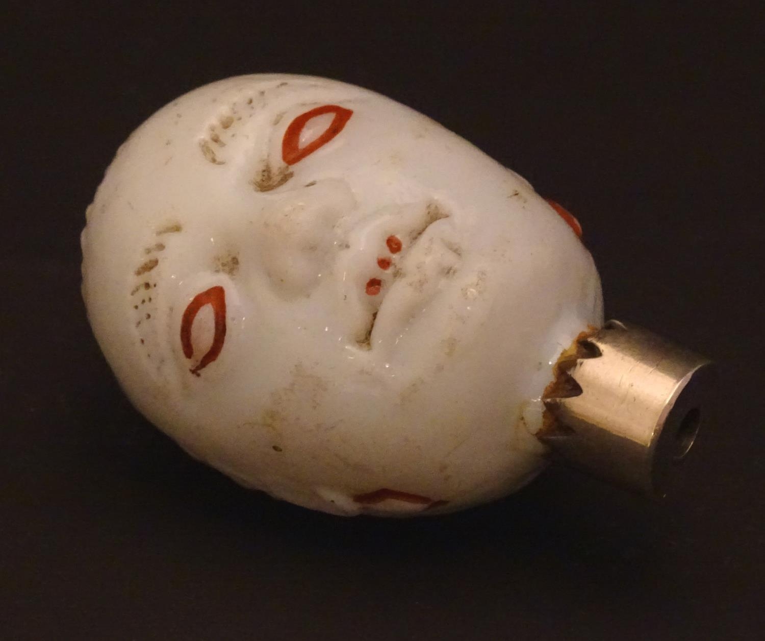 A rare 18th / 19thC Opaline glass scent / perfume flask, the bottle formed as the head of a human - Image 3 of 14