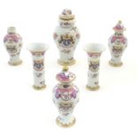 Six Continental vases with hand painted armorial detail, comprising two bud vases, three small