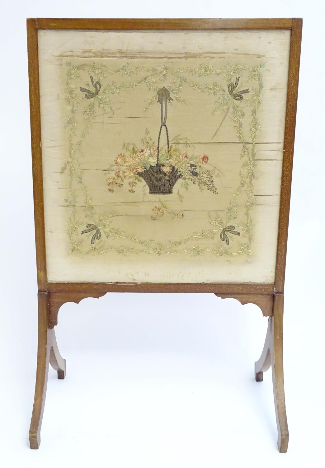 An early 19thC silk needlework with fine floral decoration, bows, swags and a woven basket in a - Image 5 of 10