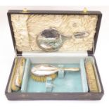 Dressing table items to include brushes and hand mirror. Hallmarked Birmingham 1919 maker William