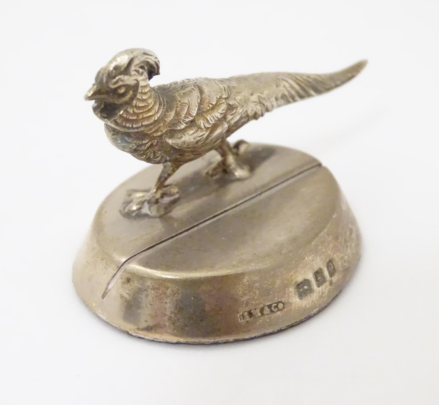 Three silver table place card / menu holders formed as pheasants. Hallmarked London 1930 maker - Image 4 of 7