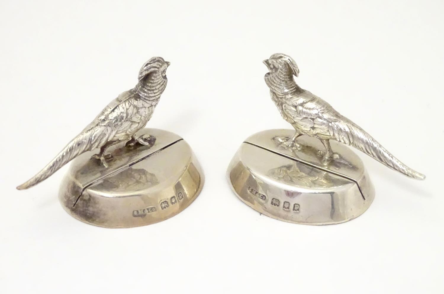 Three silver table place card / menu holders formed as pheasants. Hallmarked London 1930 maker - Image 5 of 7