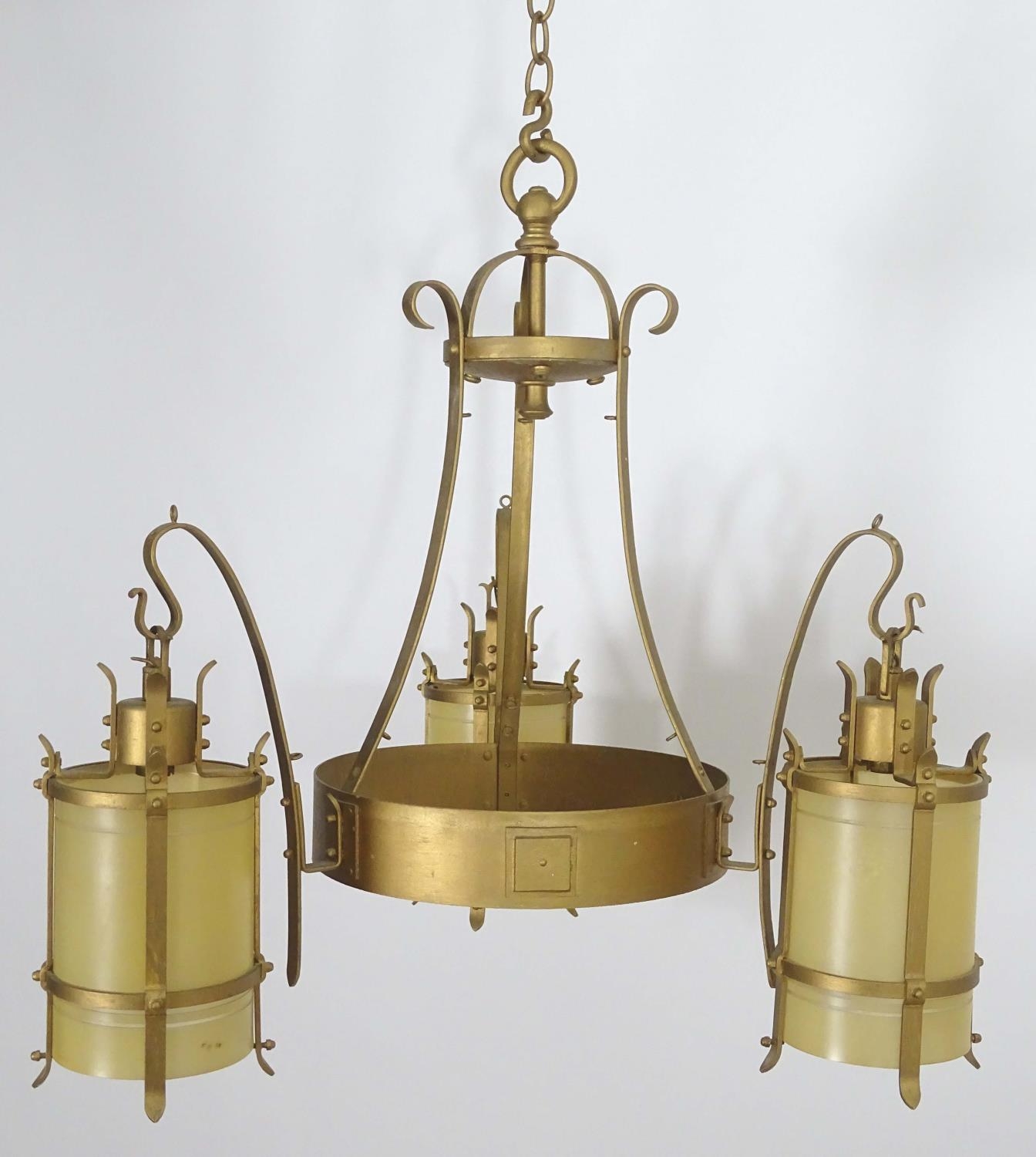 A 20thC Arts & Crafts style pendant gilt ceiling light, with three branches, approximately 24" - Image 13 of 26