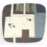 A Bernard Irwin studio pottery dish with cubist / geometric forms. Marked under. Approx. 7 1/22 x