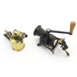 An Optimus No. 406 brass blow lamp, together with a Spong & Co No.1 mincer, with mounting clamp,