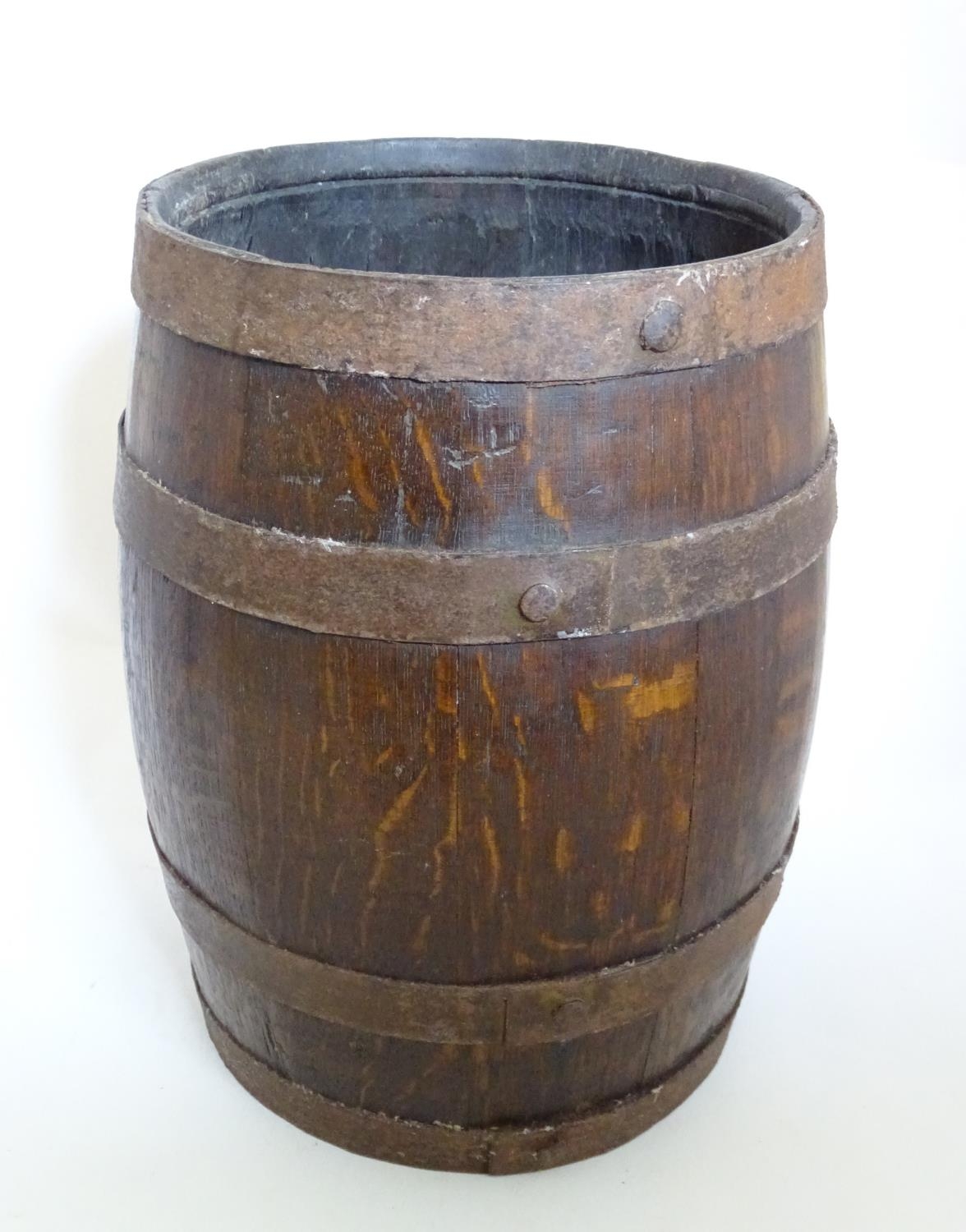 A 20thC coopered oak basket converted from a pin ale barrel, 12 1/2'' tall Please Note - we do not - Image 8 of 12