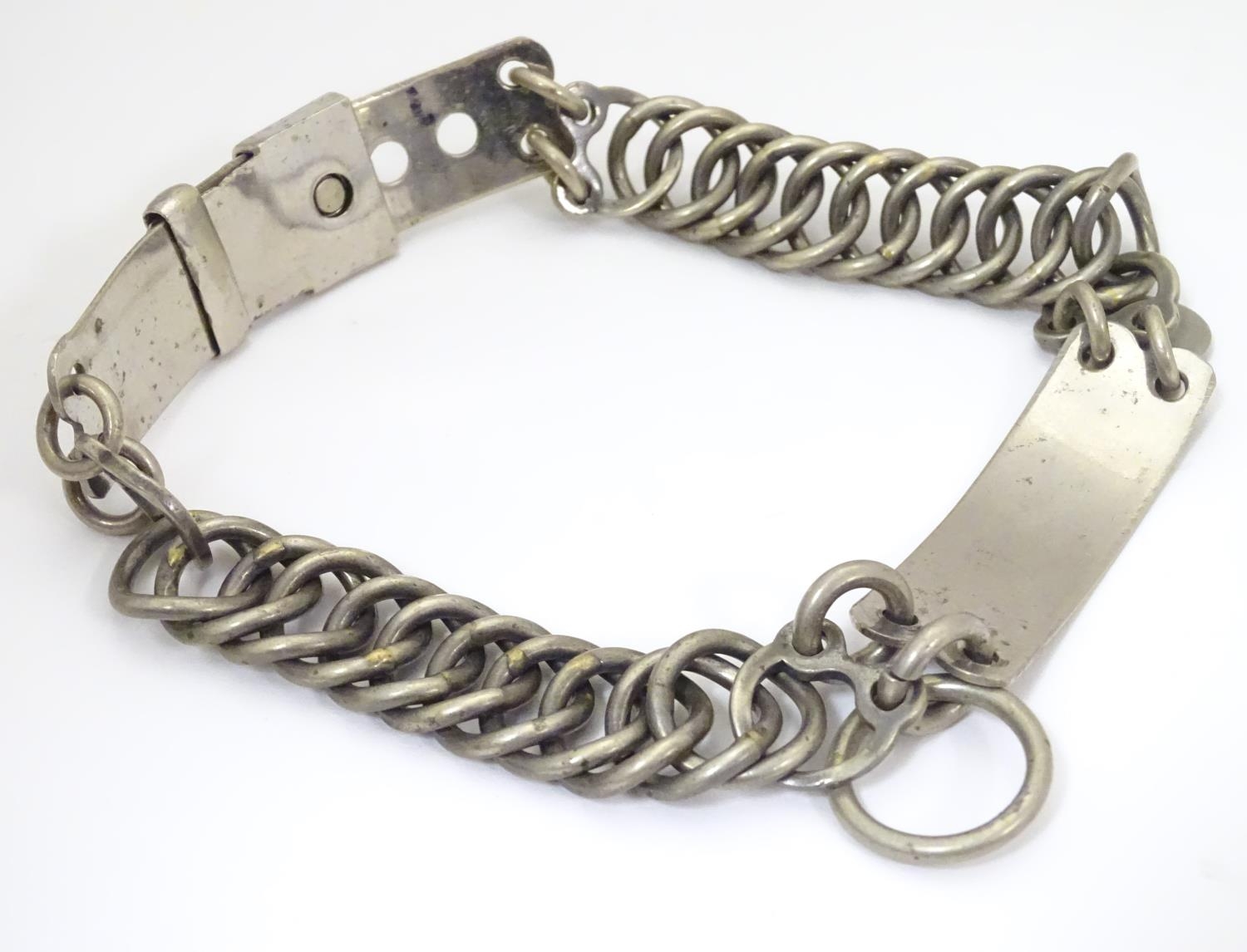 A French silver plate dog collar with chain links, adjustable clasp and engraved owner plaque. - Image 6 of 7