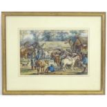 19th century, Continental School, Watercolour, The Horse Fair, A busy village scene with figures and