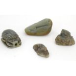 Four assorted Oriental soapstone carvings comprising a scarab beetle, a frog, a stylised lizard