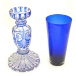An early 20thC vase / candle stand with blue detail. Together with a Bristol blue style glass vase