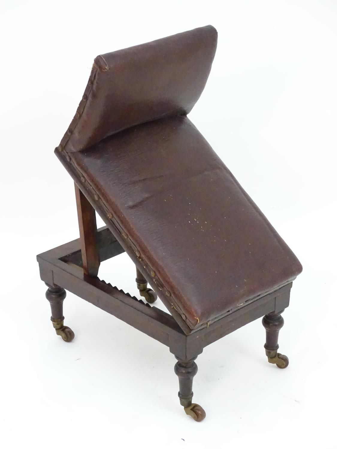 A late 19thC mahogany adjustable gout stool with leather upholstery and studded detailing, - Image 4 of 12