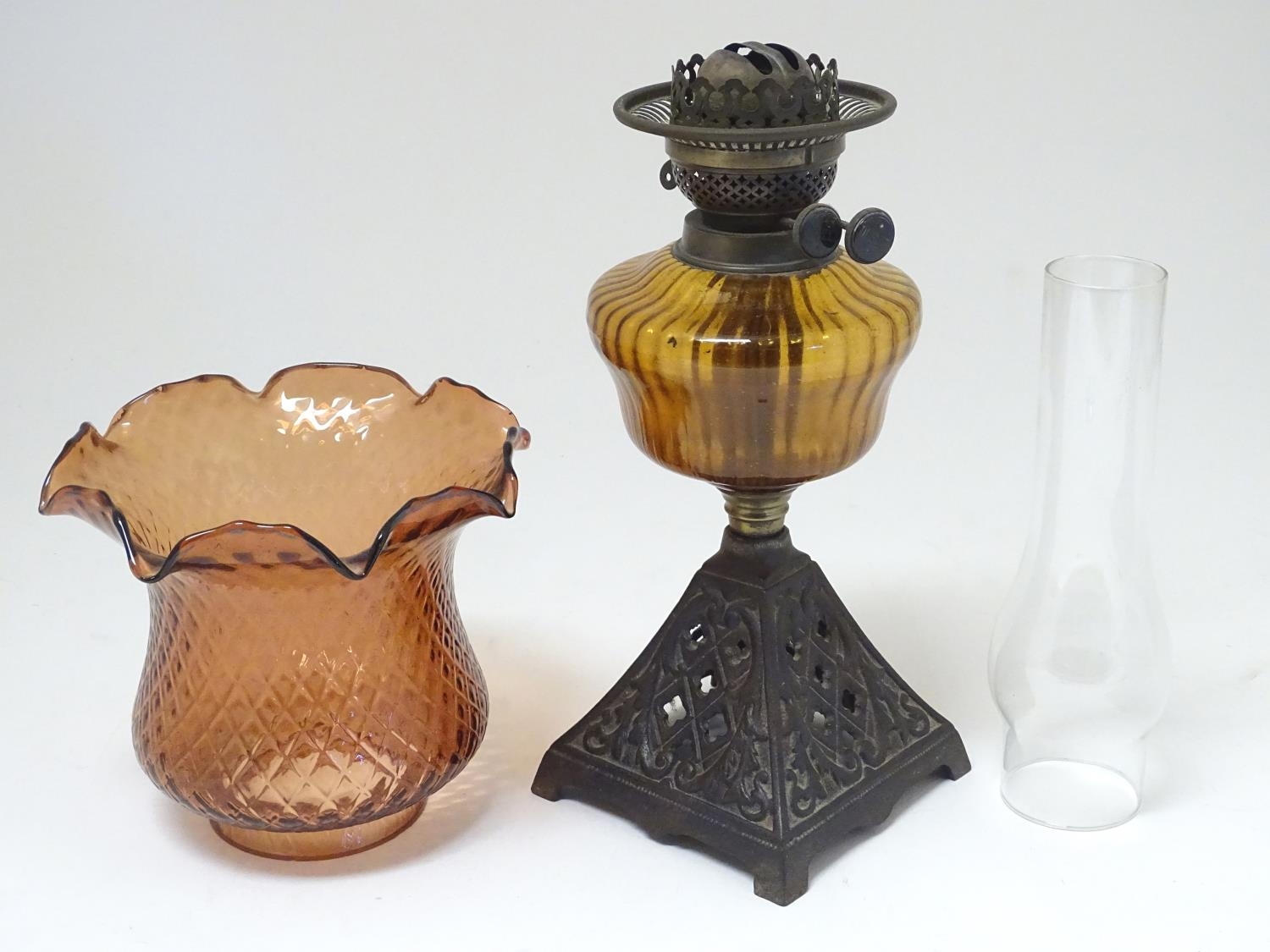 A late 19thC Duplex oil lamp, with bronzed glass shade and reservoir, standing on a cast iron base - Image 22 of 24