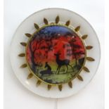A vintage retro circular wall light with a silhouette landscape scene with stag / deer. Approx. 18
