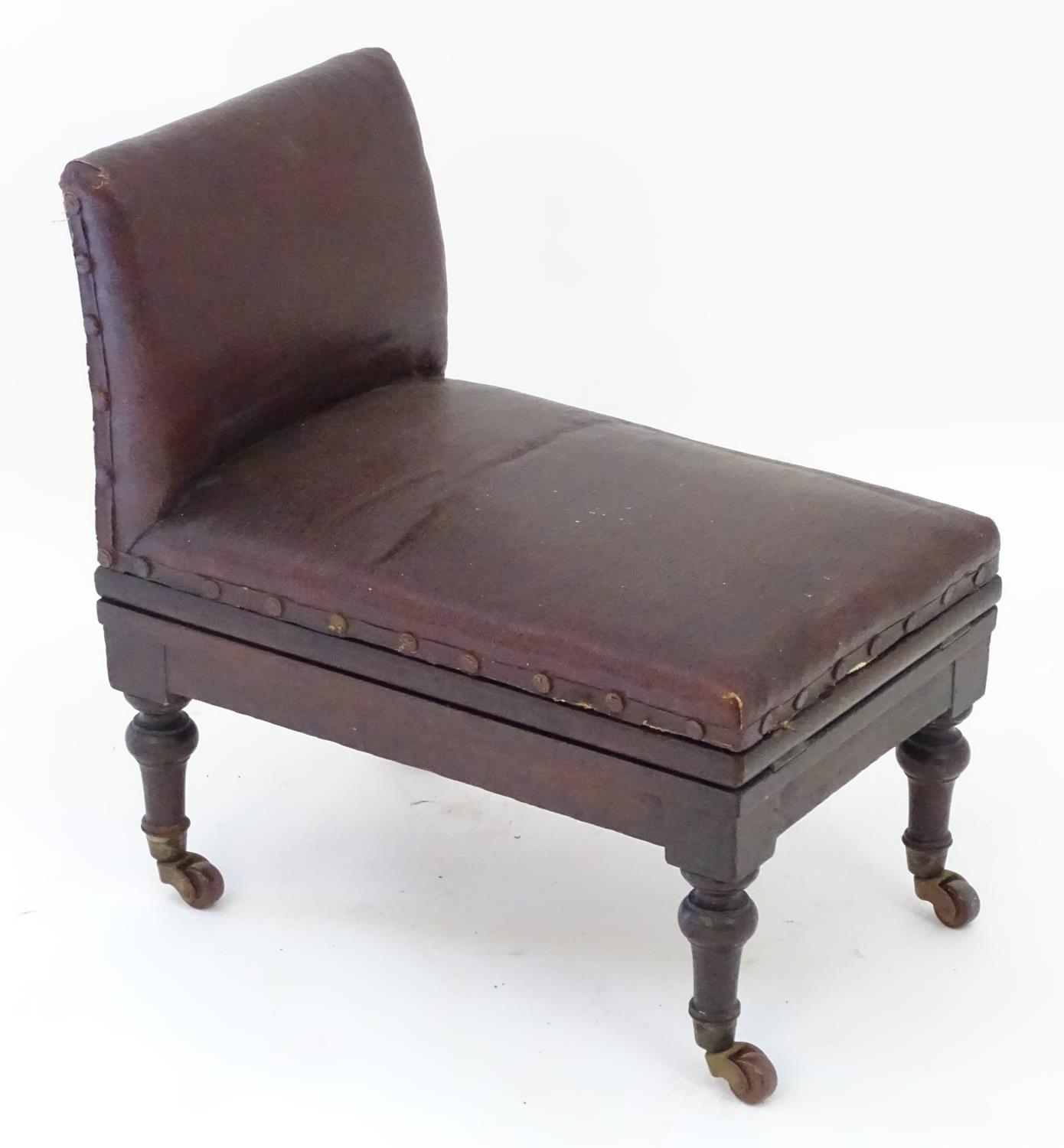 A late 19thC mahogany adjustable gout stool with leather upholstery and studded detailing, - Image 2 of 12