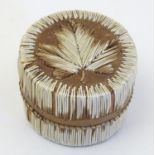 A Canadian quill and birch bark pot and cover with maple leaf decoration to top. Approx. 2 1/4" high