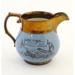 A 19thC jug commemorating Peterloo, the bulbous body with a blue glaze decorated with a portrait