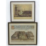 Two engravings comprising a hand coloured birds eye view of Gonville and Caius College, Cambridge by