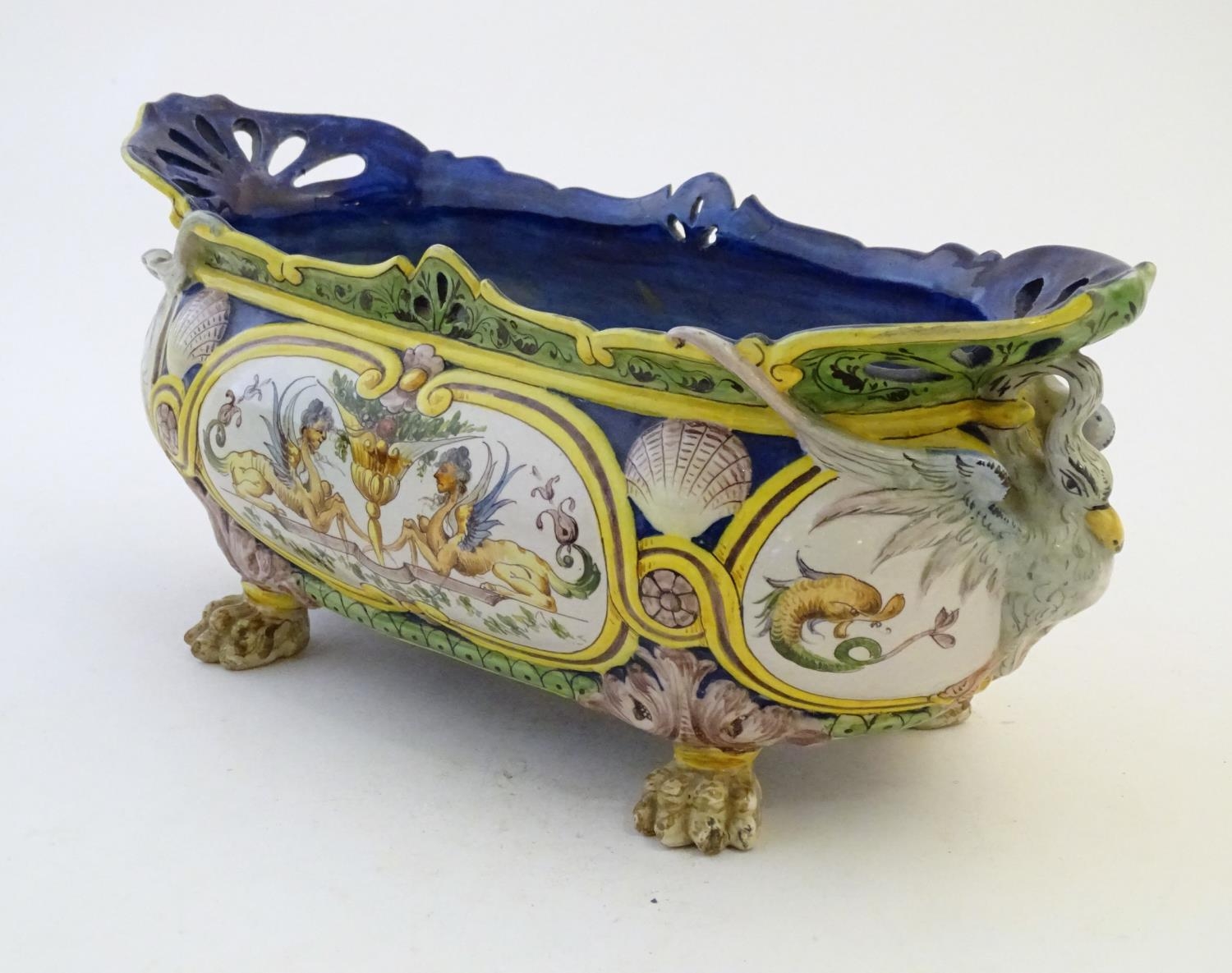 An Italian faience planter of oblong form on claw feet with panelled grotesque decoration - Image 6 of 13