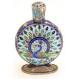 A white metal scent bottle / perfume flask with guilloche enamel decoration depicting stylised