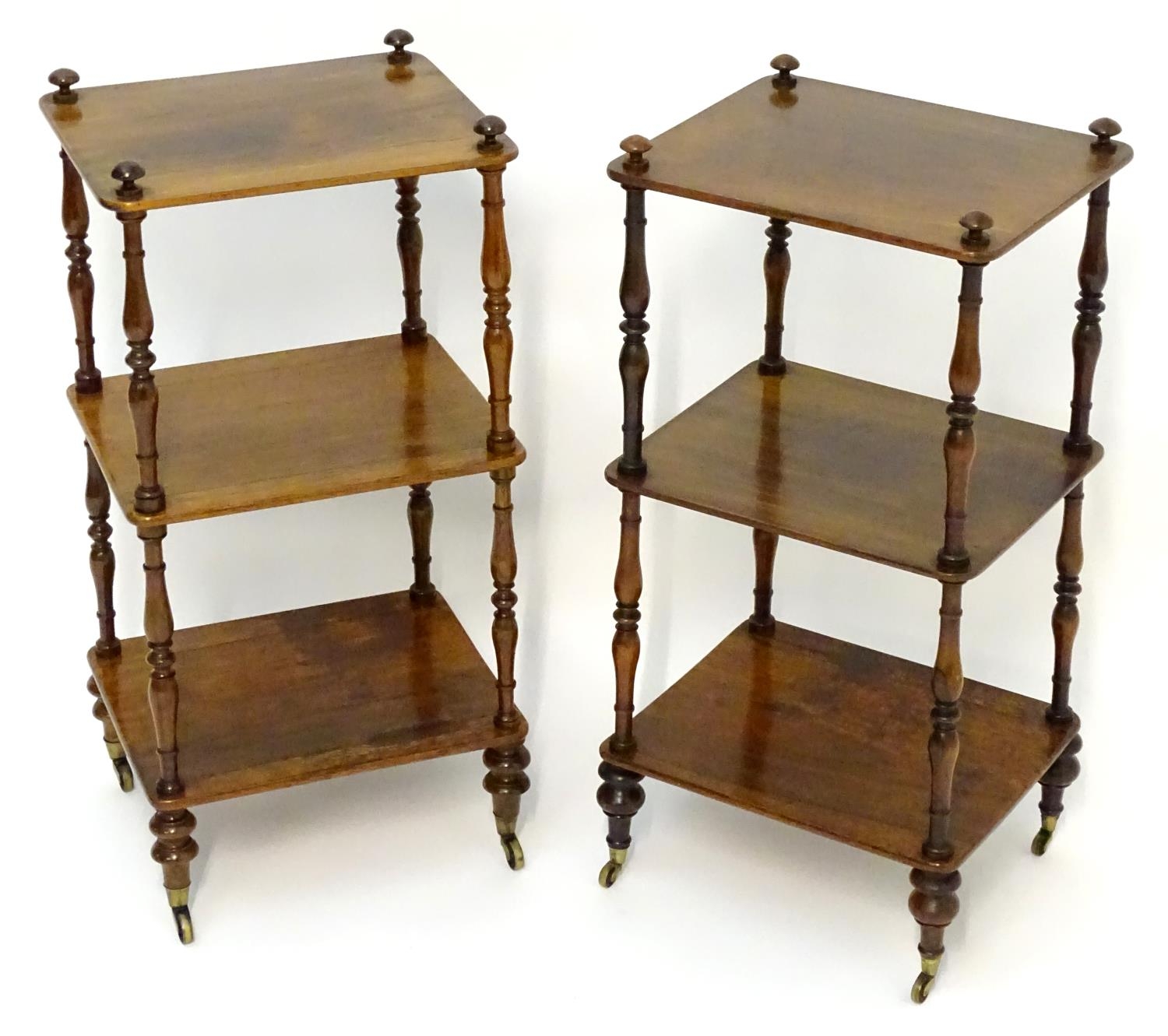 A pair of regency rosewood whatnots with turned finials to the tops and three tiers united by turned - Image 3 of 15