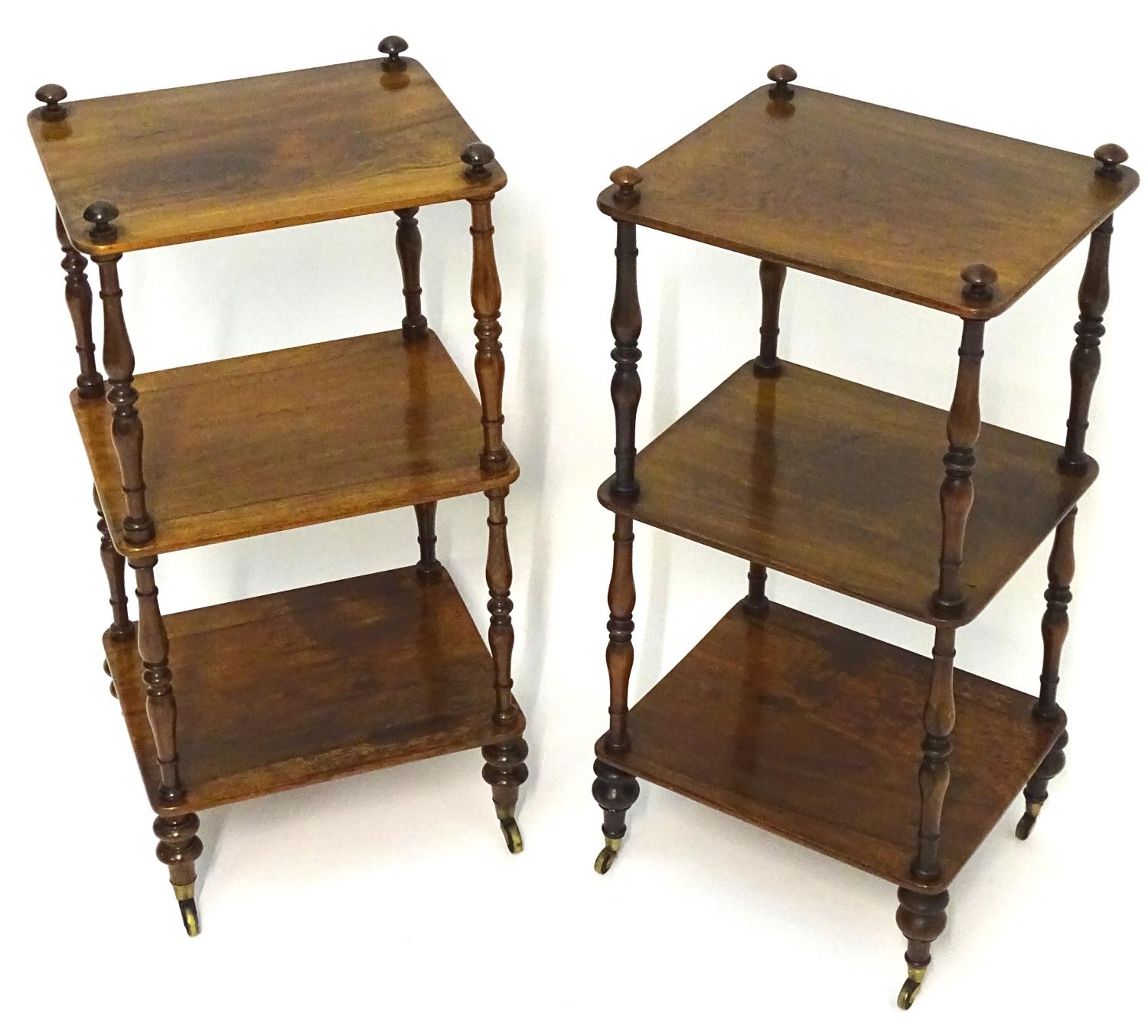 A pair of regency rosewood whatnots with turned finials to the tops and three tiers united by turned - Image 4 of 15