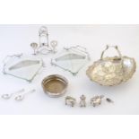 Assorted silver plated wares to include cake basket, breakfast cruet ( egg cups, toast rack,