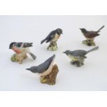 Five Beswick birds comprising Bullfinch, model no. 1042; Nuthatch, no. 2413; Grey Wagtail, no. 1041;