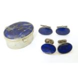 Two pairs of white metal cufflinks set with lapis lazuli decoration. Together with a silver plate