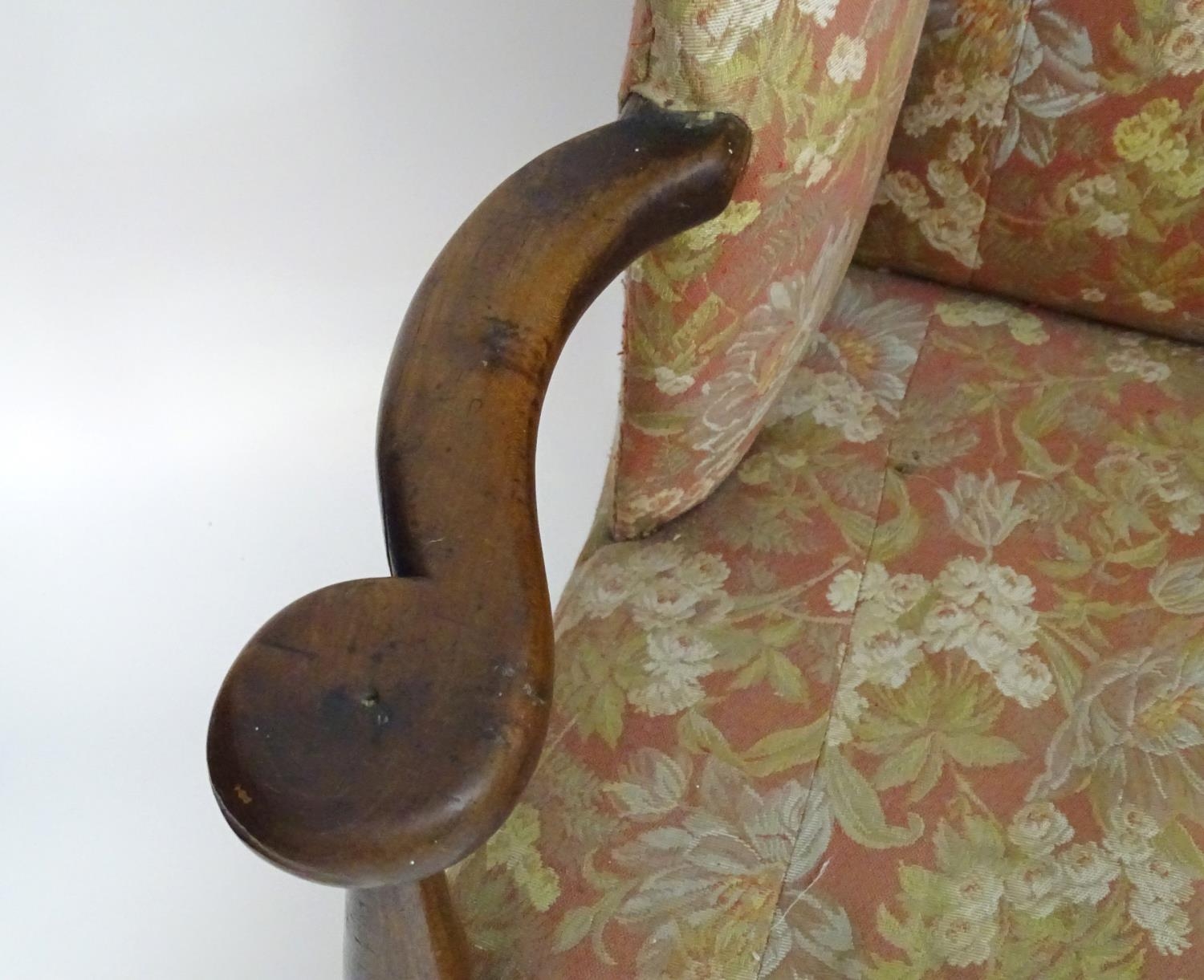 A mid 18thC wingback sofa with scrolled arms and an upholstered backrest and seat above a - Image 9 of 12