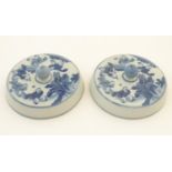 Two Chinese blue and white lids with figures in a landscape. Approx. 6 1/2" diameter (2) Please Note