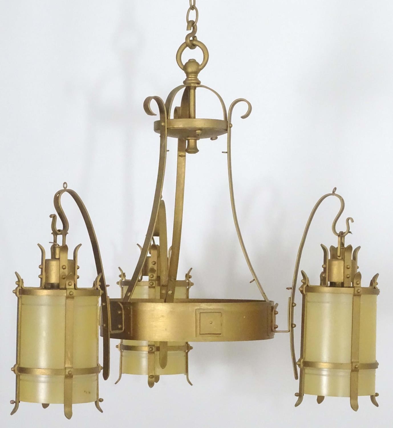 A 20thC Arts & Crafts style pendant gilt ceiling light, with three branches, approximately 24" - Image 12 of 26
